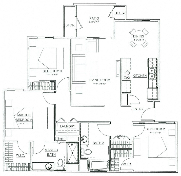 Floor plan for 3 beds, 2 baths, 1352 sqft